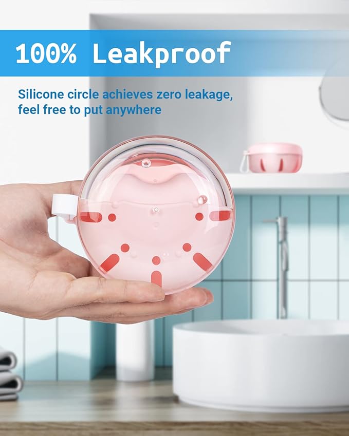 Denture Bath Case, Denture Cup, Leak Proof Portable Retainer Case, Denture Cleaning Kit with Cleaner Brush, Denture Box with Strainer & Mirror, Denture Case for Aligner Retainer Mouth Guard (Pink)