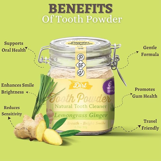 The Dirt - Remineralizing Tooth Powder, Natural Fluoride-Free Teeth Whitening Powder with Hydroxyapatite, Flouride & Gluten Free, Organic Vegan (Lemongrass & Ginger, 51g: 6 Month Supply)