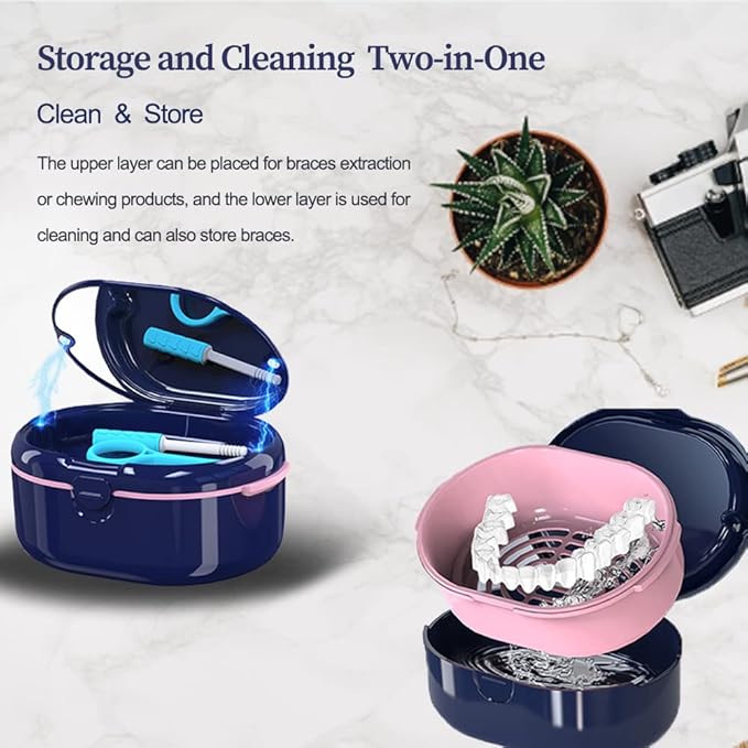 Dentures Case, Denture Bath Case Cup Box Double Layer Dry and Wet Separation Portable False Teeth Container, Denture Cup with Lid for Cleaning Household Office Travel(Blue)