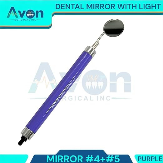 1 Piece - Dental Inspection Mouth Mirror Handle with LED Light Built-in, Mirror #4 + #5, Anti-Fog Removable Mirror Heads (Purple Handle)