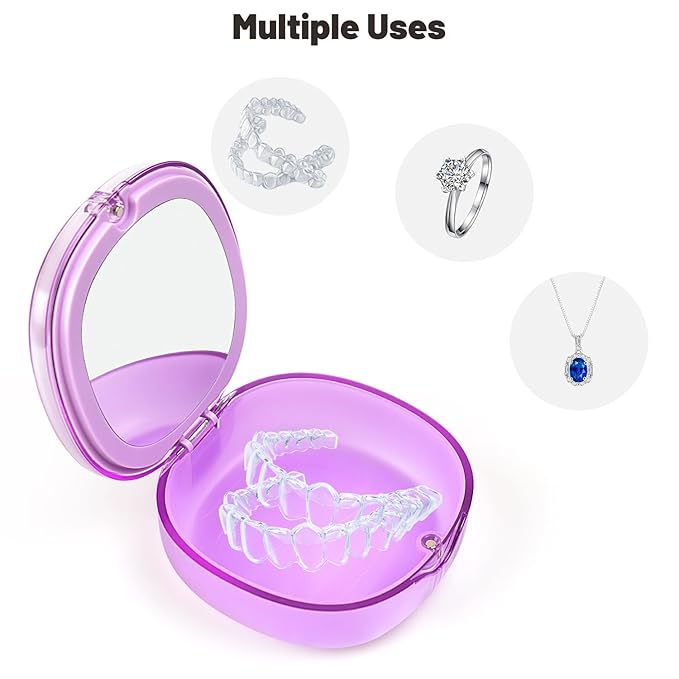 Double Layer Retainer Case Portable Aligner Case for Orthodontics Build In Mirror With Removal Tool, Chewies & Cleaning Brush, Travel Retainer Case Kit (purple)