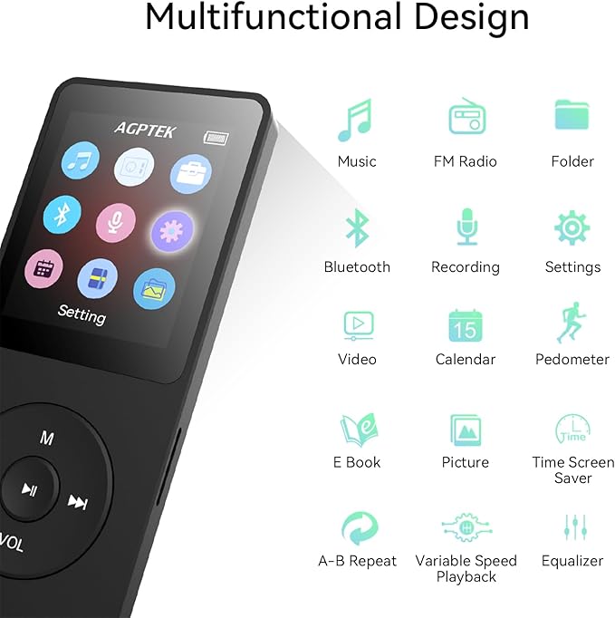 AGPTEK A02 MP3 Player with Bluetooth 5.3, 1.8 inch Screen Portable Music Player with Speaker, FM Radio, Voice Recorder, Supports Expanded Up to 128GB(Black, 32GB)
