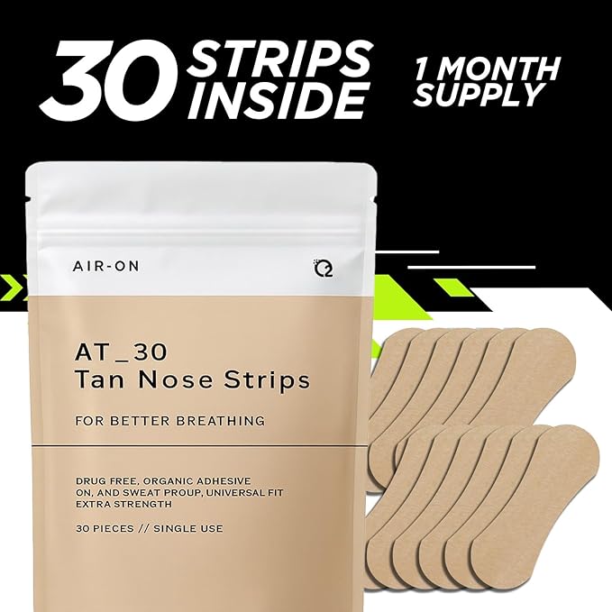 AIR-ON Performance Nose Strips | Nasal Strip for Breathing, Less Snoring & Sleeping Relief | Extra Strength, Wide Body | Drug-Free Adhesive, Athletic Support, Sweat & Oil Proof - TAN (30 Pieces)