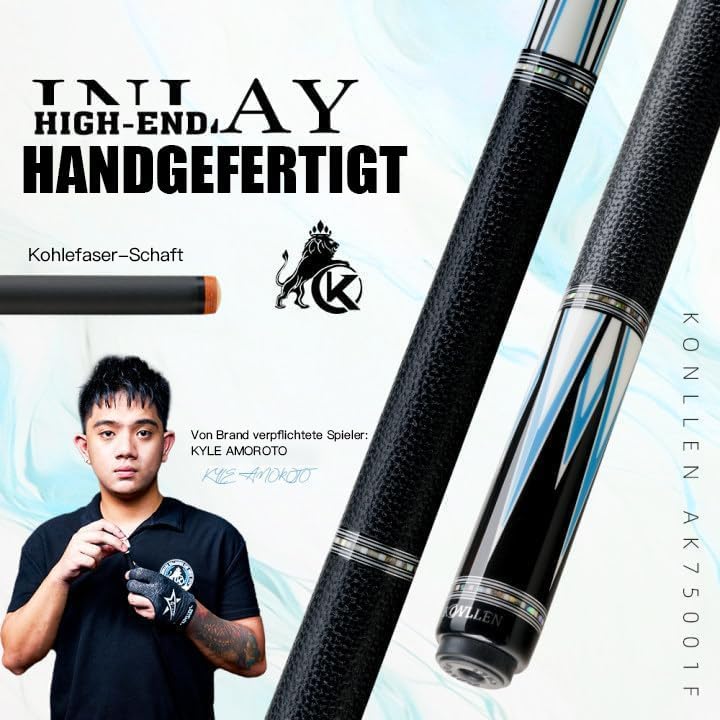 KONLLEN Carbon Fiber Pool Cue Stick Low Deflection Hand-Made Inlay Billiard Cue Ultra-Smooth Professional Feeling Billiard Pool Cue Sticks for Adults