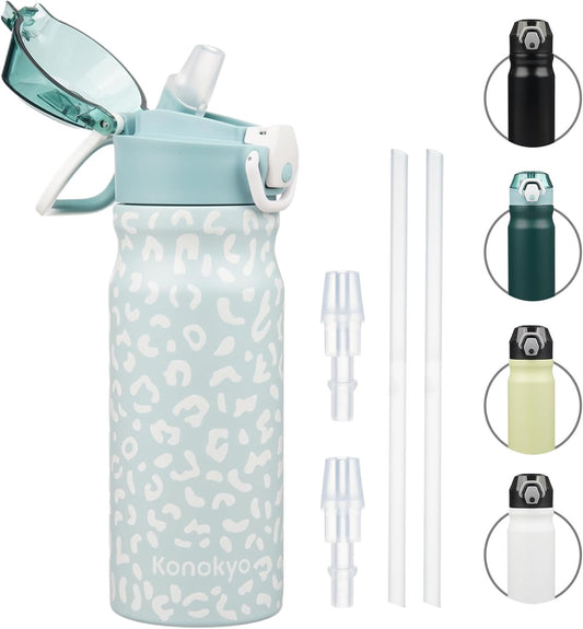 Insulated Water Bottle with Straw and Carry Loop,18 oz Stainless Steel Double Wall Vaccum Metal Water Flask with Leak-proof Lid,Light Blue Leopard