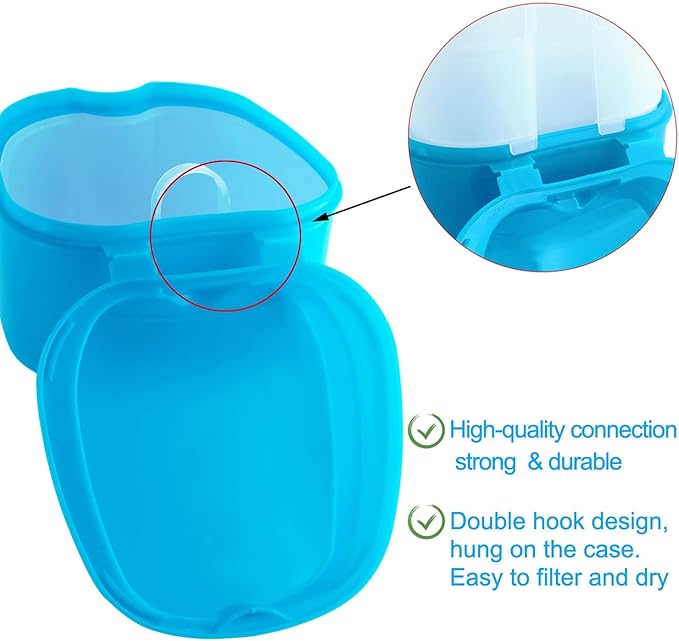 Keedolla Denture Cup Orthodontic Retainer Case, Denture Bath Box Dental Mouthguard Case Cleaning with Brush, Strainer Basket and Lid Waterproof - Blue