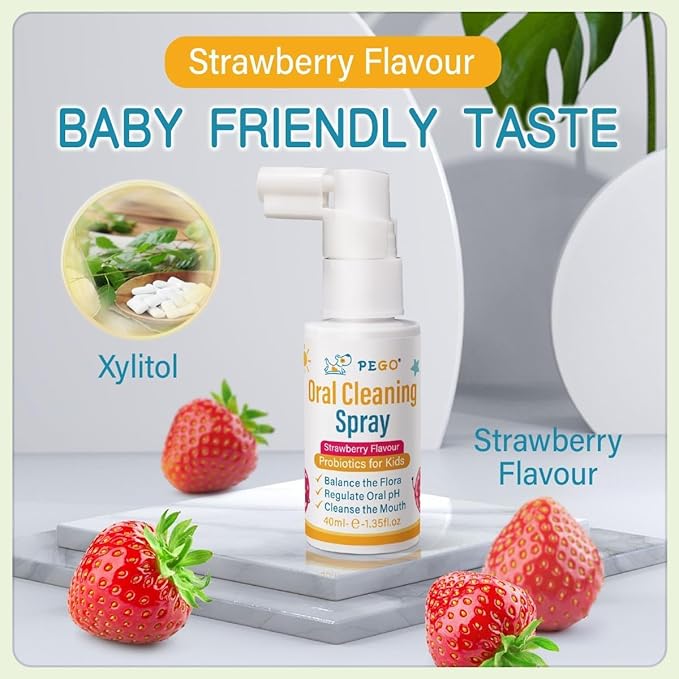 PEGO Kids Oral Spray, Toddler Toothpaste Helper for Daily Oral Care and Fresh Breath, Kid's Mouth Spray with Fluoride Free for Newborn to Preschoolers (40ml*1, Strawberry)