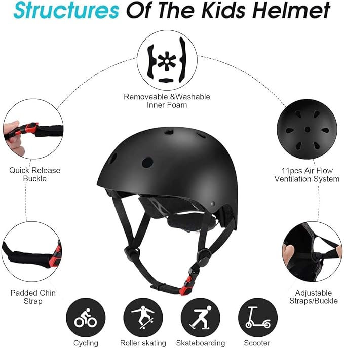 Adjustable Helmet for Ages 5-16 Kids Toddler Boys Girls Youth,Protective Gear with Elbow Knee Wrist Pads for Multi-Sports Skateboarding Bike Riding Scooter Inline skatings Longboard Roller Skate