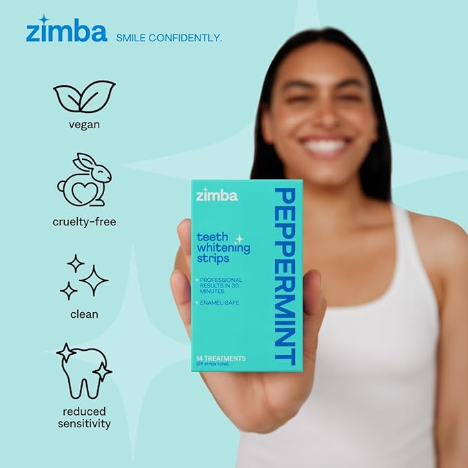 Zimba Peppermint Flavored Teeth Whitening Strips | Vegan, Enamel Safe Hydrogen Peroxide Teeth Whitener for Coffee, Wine, Tobacco, and Other Stains | 14 Day Treatment | Peppermint