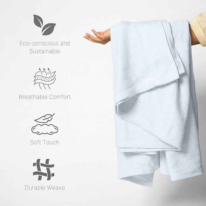 100% Cotton Herringbone Weave Blankets, 66"X90" Twin, Throw Blanket for Bed,All Season Cotton Blanket, Cozy Blanket,Throws Bed Blanket, Throw Blanket for Couch,Modern Home Decor -Light Blue