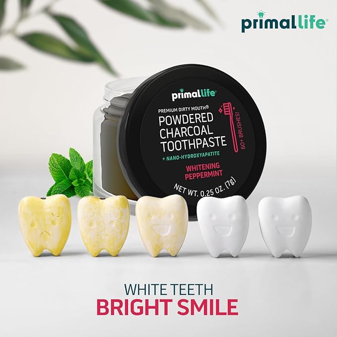 Primal Life Organics -Dirty Mouth Toothpowder, Activated Charcoal Tooth Cleaning Powder, Essential Oils, Hydroxyapatite, Kaolin, Bentonite Clay, 60+ Brushings, Organic, Vegan Black Peppermint 0.25oz