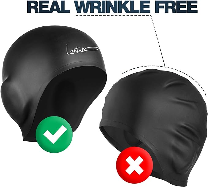 3D Swim Caps - Ear Protection Swimming Cap for Women & Men - Silicone, Waterproof - Fits Long & Short Hair - Adult & Youth