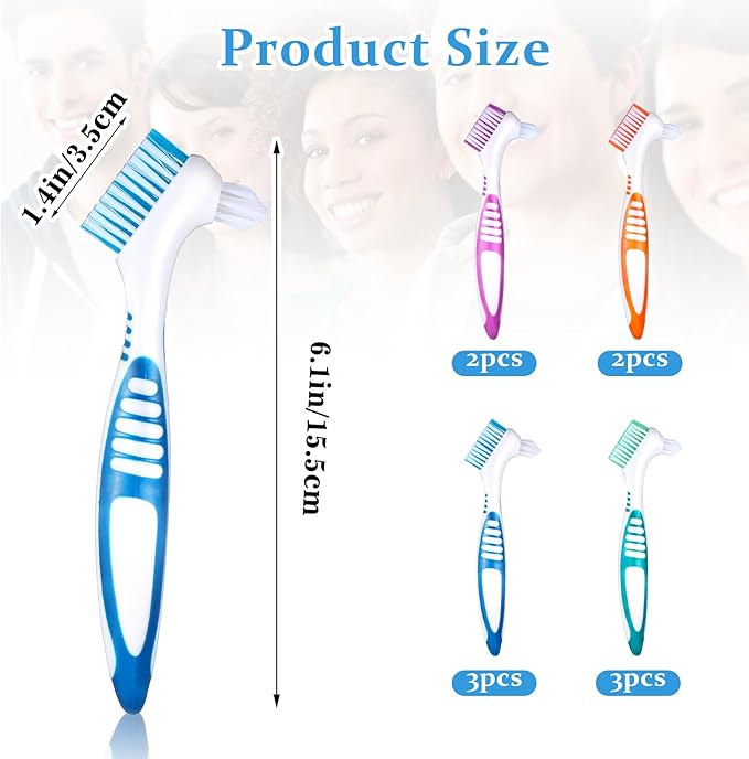 10 Pcs Denture Brush for False Teeth Denture Care Cleaning Brush Double Sided Toothbrush Portable Soft Multi-Layered Bristles Cleaner Brushes Ergonomic Rubber Handle