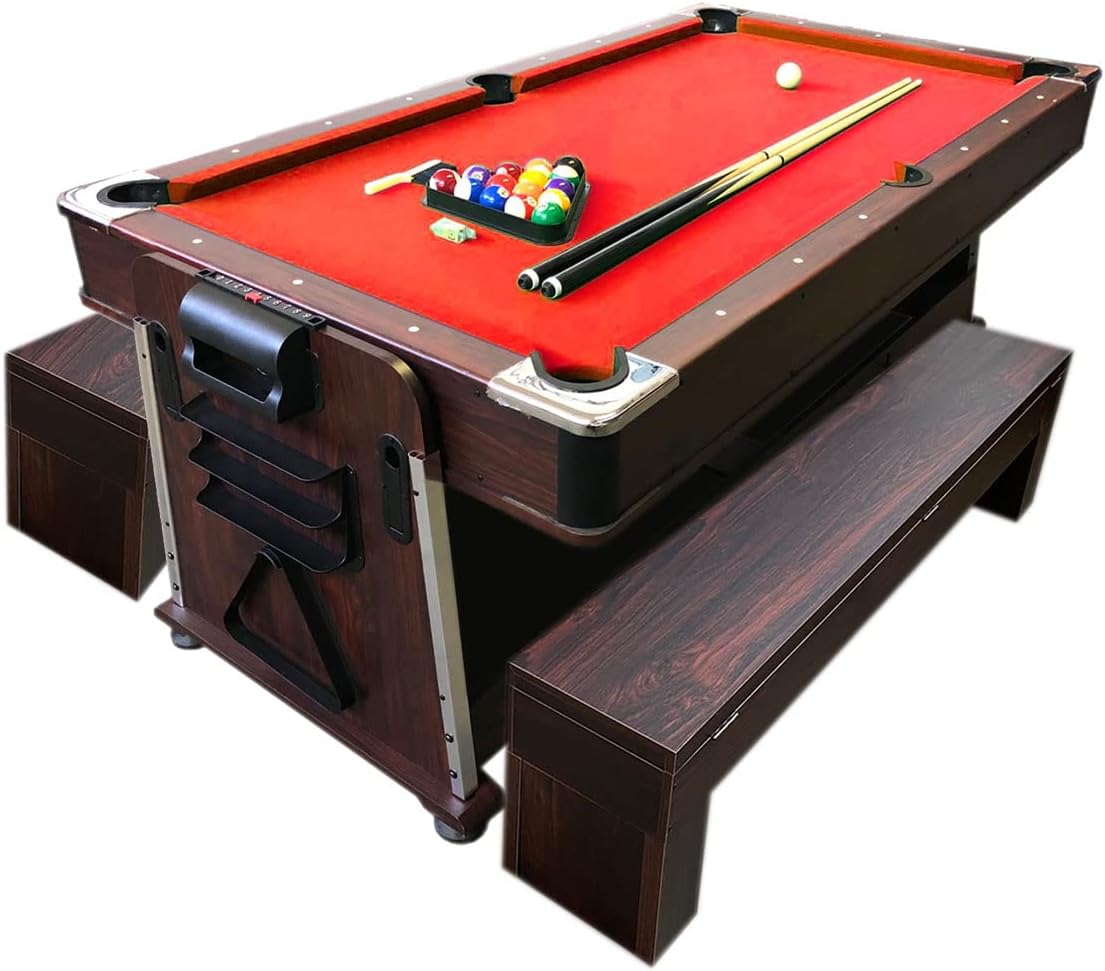 7ft Pool Table Air Hockey 3 in 1 Pool Table Red Felt with Storage Benches - Crown