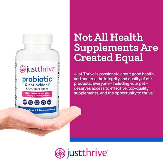 Just Thrive Probiotic & Antioxidant Supplement - 100% Spore-Based Digestive and Immune Support - Gluten Free, 90 Caps