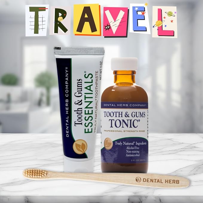 Dental Herb Company - Tonic Mouthwash and Essentials Toothpaste Travel Kit - Made with Pure Essential Oils to Relieve Bad Breath, Bleeding, and Irritated Gums. 2 oz. Mouthrinse - 1 oz. Toothpaste