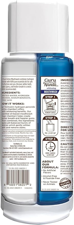 GuruNanda Teeth Whitening Dual Barrel Oxyburst Mouthwash - Alcohol & Fluoride Free, Hydrogen Peroxide to Promote Whiter Teeth - Wild Mint - 3x20 Fl Oz