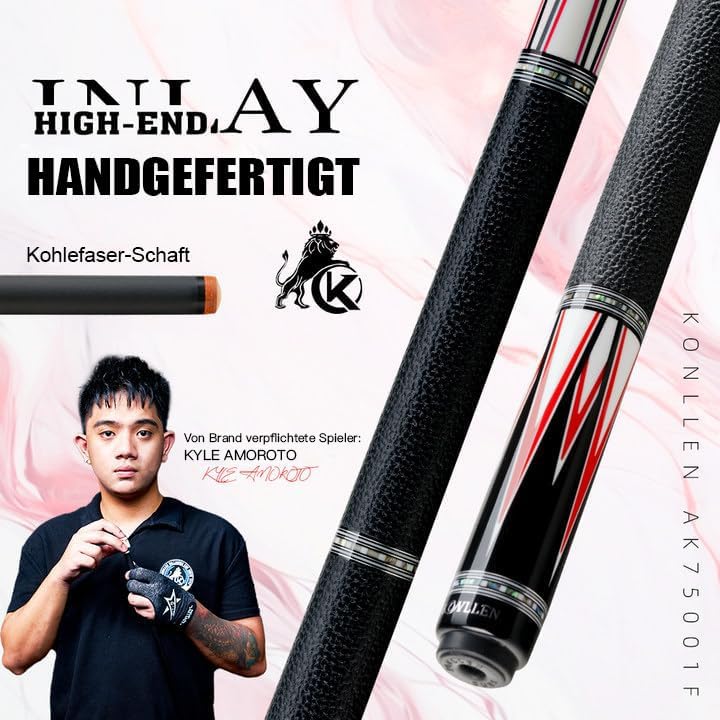 KONLLEN Carbon Fiber Pool Cue Stick Low Deflection Hand-Made Inlay Billiard Cue Ultra-Smooth Professional Feeling Billiard Pool Cue Sticks for Adults