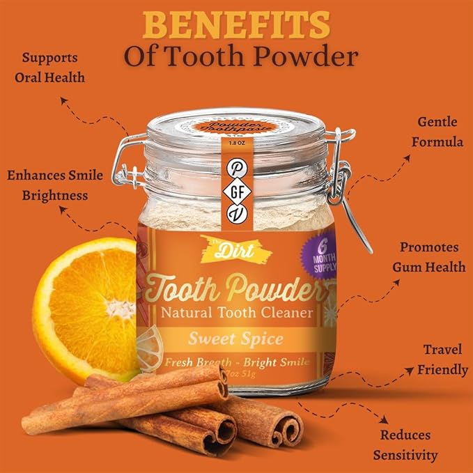 The Dirt - Remineralizing Tooth Powder, Natural Fluoride-Free Teeth Whitening Powder with Hydroxyapatite, Flouride & Gluten Free, Organic Vegan (Sweet Spice, 51g: 6 Month Supply)