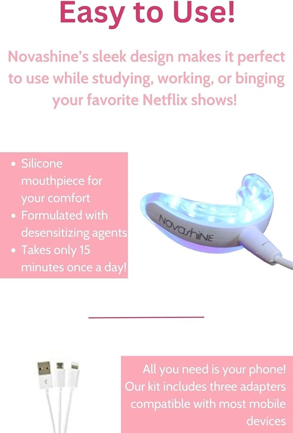 Novashine Professional Teeth Whitening Kit: Advanced Blue LED Light, Concentrated Peroxide Gel, Smartphone Adapter, Travel Bag