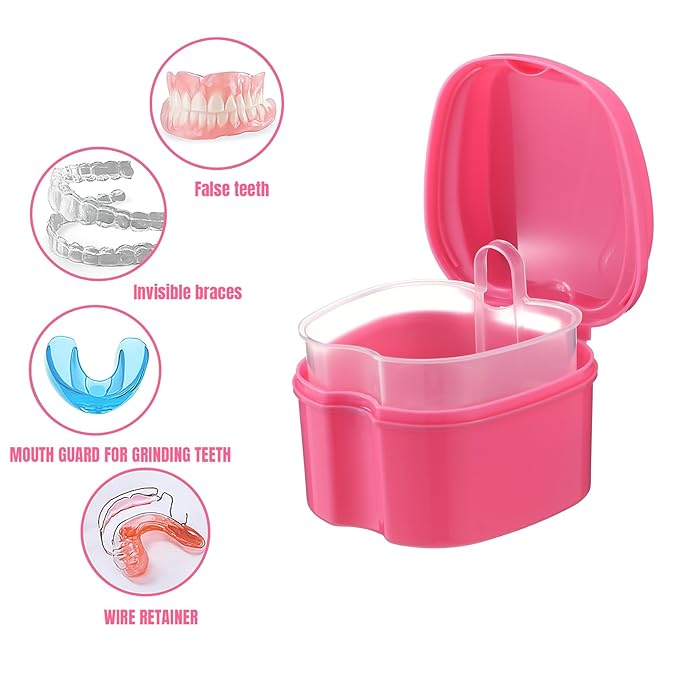 Zubebe 30 Pcs Denture Bath Retainer Case Holder Bulk with Strainer Basket Dental Cup Denture Soaking Container False Teeth Storage Box for Travel Cleaning Brace Mouth Guard, 5 Colors