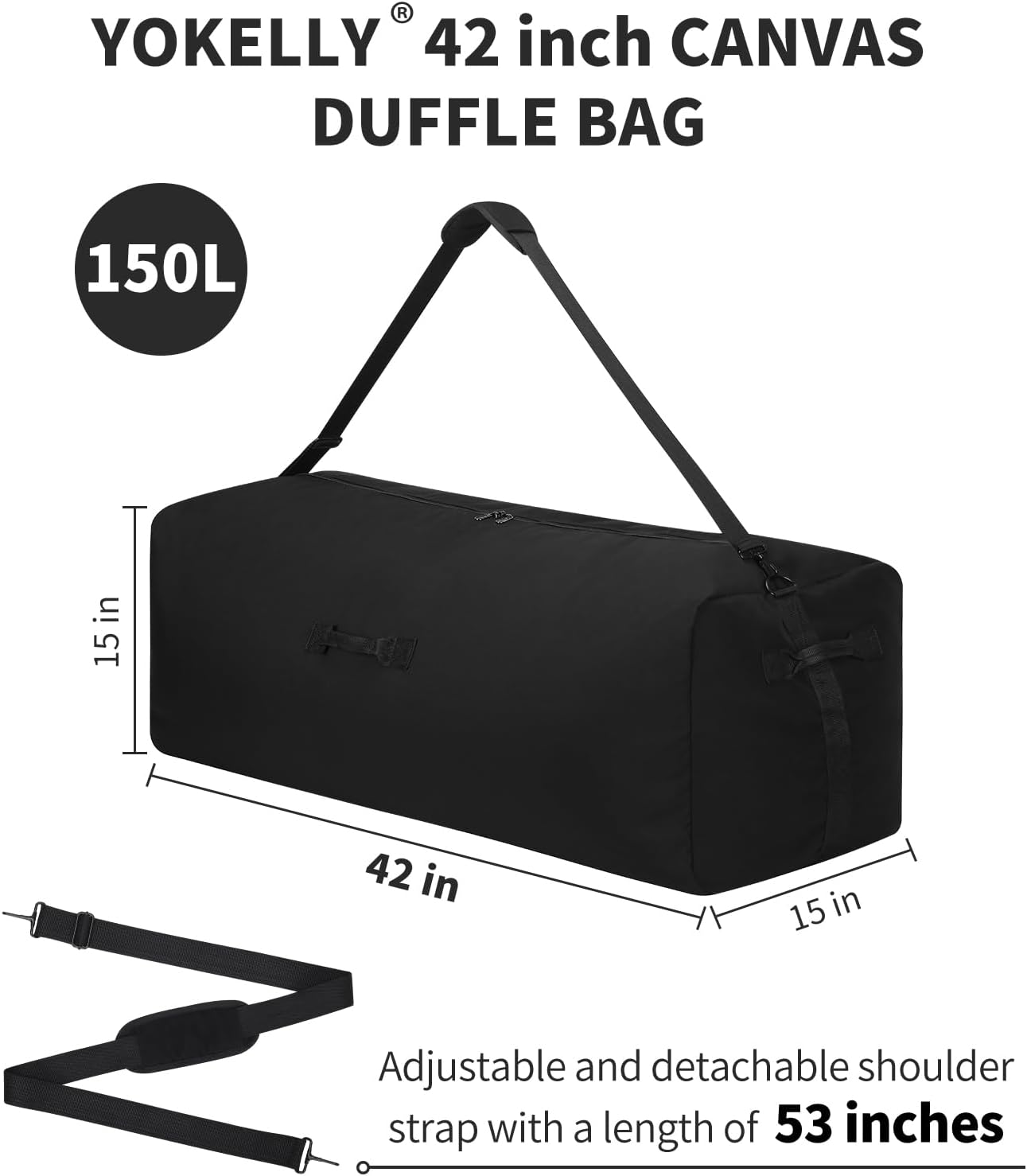 42 Inch Canvas Duffel Bag 150L Extra Large Luggage Duffle for Travel Sport and Camping - Black