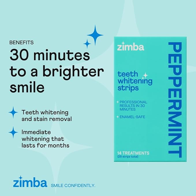 Zimba Mint & Peppermint Teeth Whitening Strips for Teeth Sensitive, White Strips for Teeth Whitening, Teeth Whitener Stain Remover 28 White Strips Included Per Pack, 2 Pack (14 Day Treatment)
