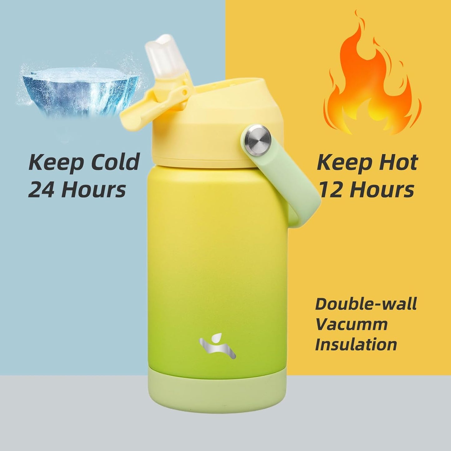 Insulated Water Bottle with Straw Lid,12 oz Stainless Steel Vacuum Metal Bottle with Silicone Handle,Lime