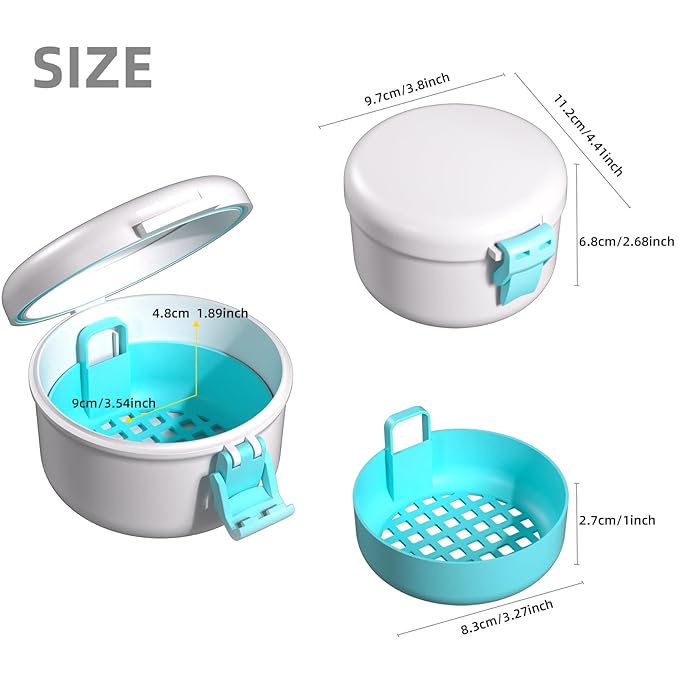 ARGOMAX Leak Proof Retainer Cleaner Case, Denture Cups for Soaking Dentures, Denture Travel Case (White+Blue).