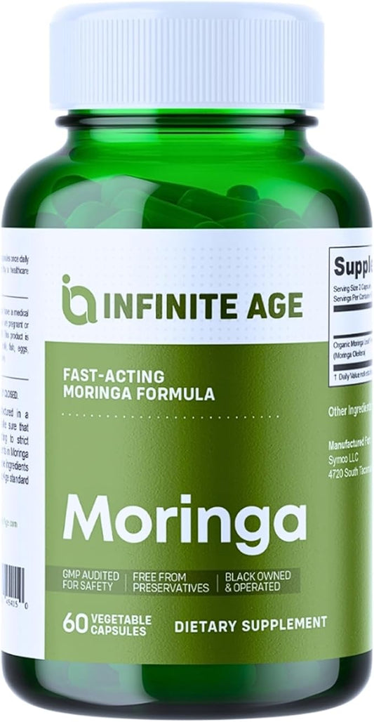 INFINITE AGE 1000mg Organic Moringa Leaf Powder Capsules, 60 Count - Made in The USA, Vegan, Gluten Free, All-Natural - Antioxidants, Liver and Kidney Support Supplement