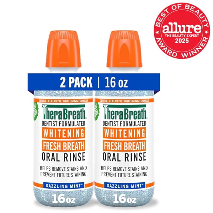 TheraBreath Whitening Mouthwash, Dazzling Mint, Dentist Formulated, 16 Fl Oz (2-Pack)