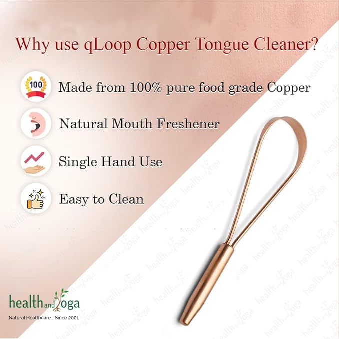 HealthAndYoga™ qLoop Copper Tongue Cleaner - Easy One Hand Use - Larger Surface Coverage - Ayurvedic Copper Health for Fresh Breath and Total Oral Hygiene (Single)