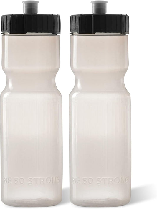 50 Strong Sports Water Bottles – Reusable 22 oz BPA-Free Plastic Bottles with Pull Top Cap – Made in USA – Top Rack Dishwasher Safe – Fits Most Bike Cages Brand