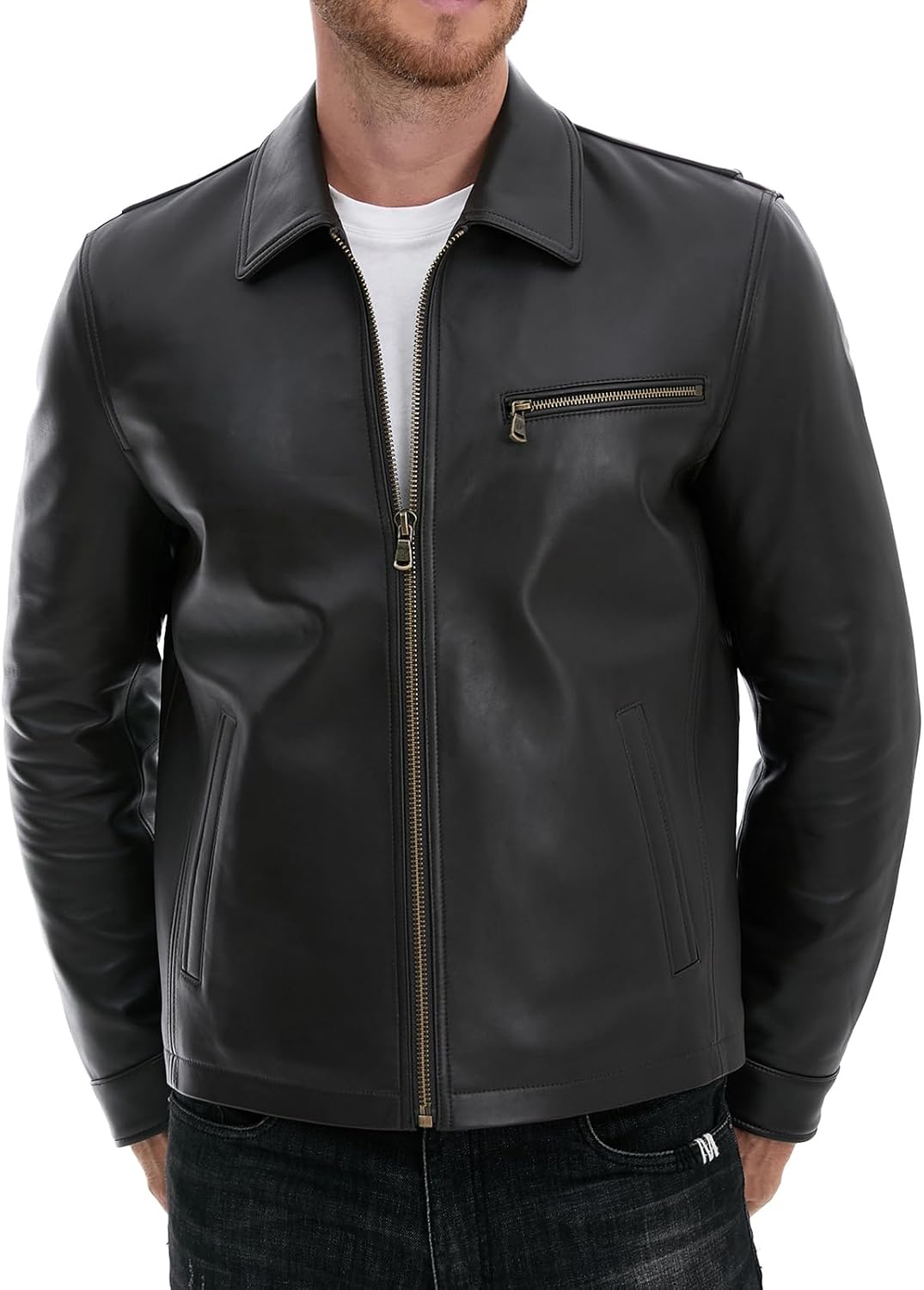 Leather Jacket Men,Lambskin Jacket with Full Zip Front,Casual Style,Tailored Design,Metal Snap Cuffs