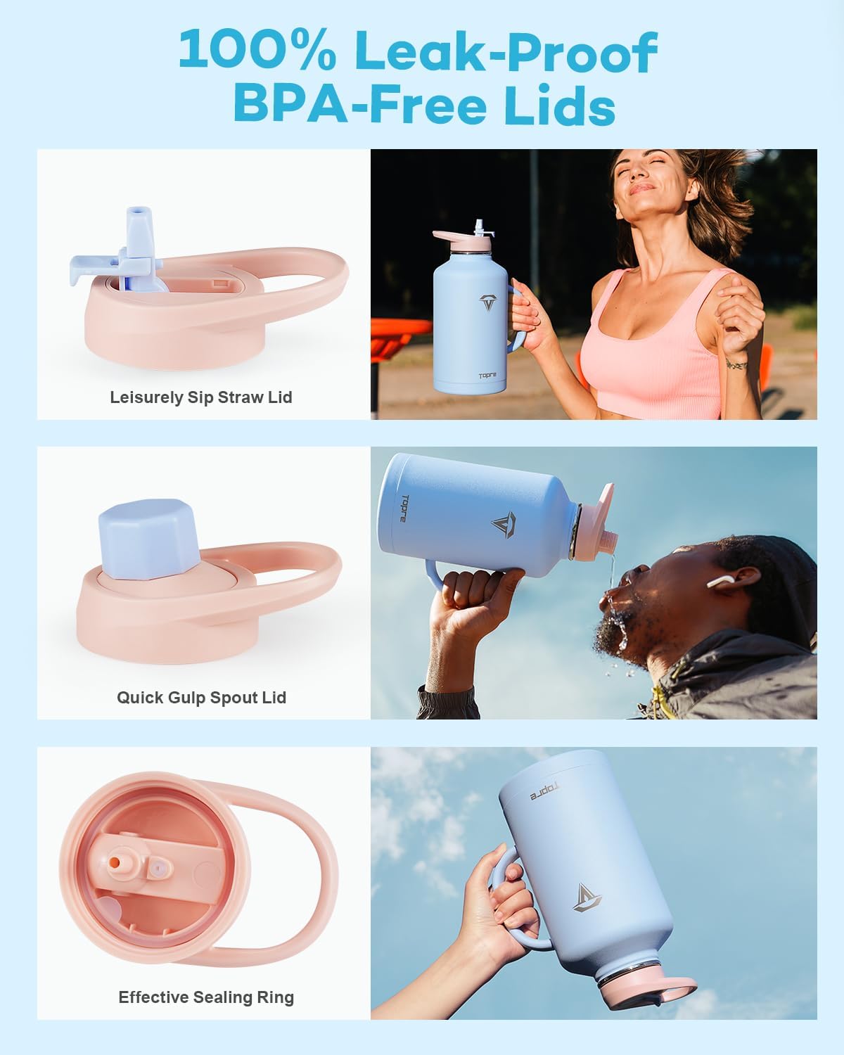 64 oz Insulated Water Bottle with Straw and Lid, Half Gallon Stainless Steel Cup with Handle,Leakproof Metal Travel Jug Flask Mug Tumbler Cup With Carry Pouch and Brush,Keep Cold & Hot,Blue