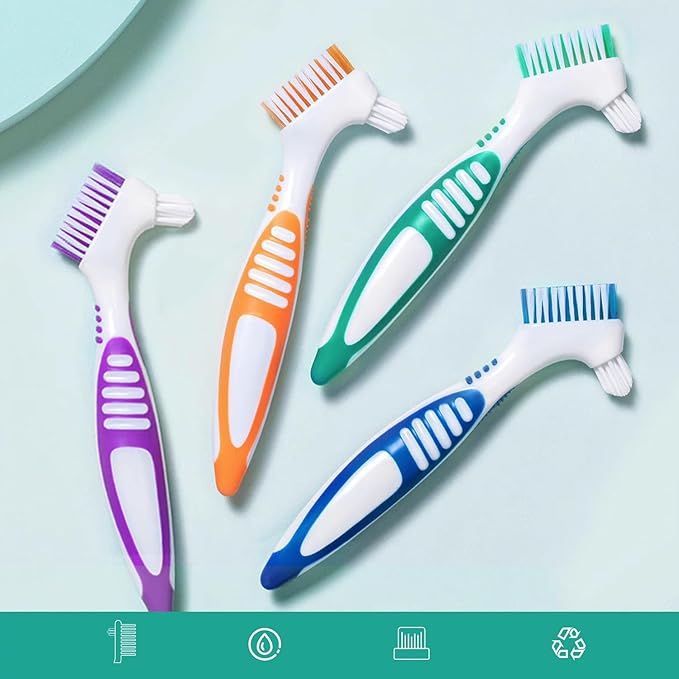 Denture Brush Dual Head Toothbrushes False Teeth Brush Denture Cleaning Kit Toothbrush (Purple Green Blue Orange)