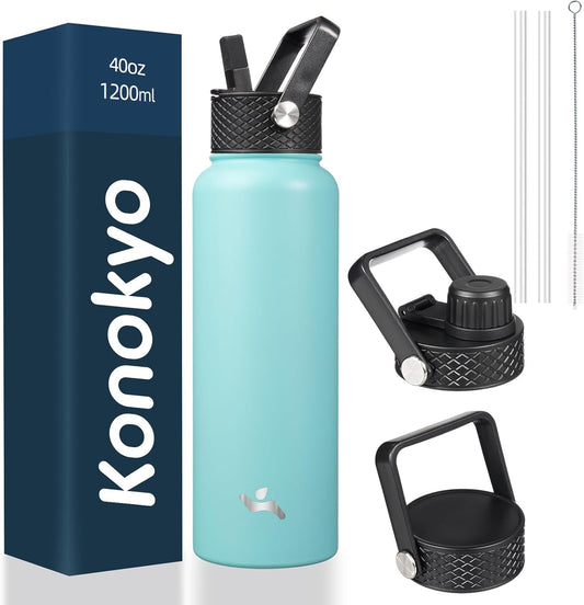 40oz Insulated Water Bottle Stainless Steel Sport Bottles with 3 Lids,Turquoise