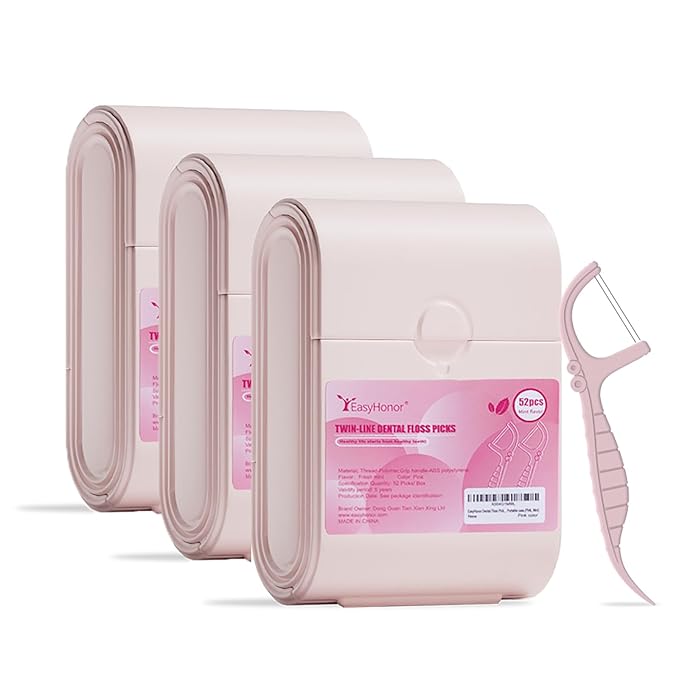 EasyHonor Dental Floss Picks,Twin-Line Lemon Flavor Dental Flossers, Dual Action Flossing System, Easy Carry and Pick, 156 Count Floss Sticks in 3 Portable case.(Pink, Mint)