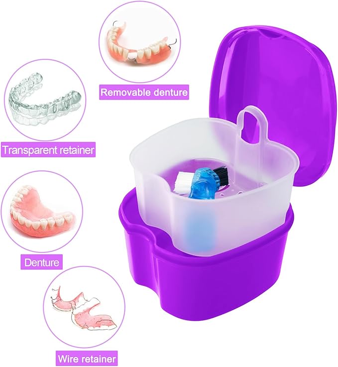 Colorful Denture Bath Case with Brush, Denture Cup Soaking Holder False Teeth Container Mouth Guard Storage Case Cleaning with Lid Waterproof - Purple