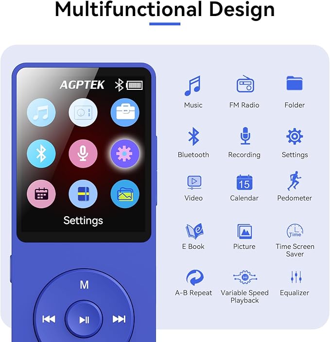 AGPTEK A02 MP3 Player with Bluetooth 5.3, 1.8 inch Screen Portable Music Player with Speaker, FM Radio, Voice Recorder, Supports Expanded Up to 128GB(Blue, 64GB)