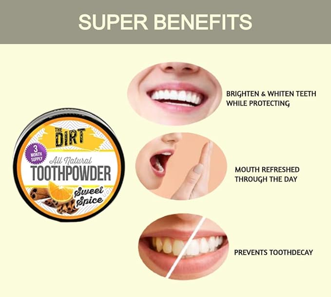 The Dirt - Remineralizing Tooth Powder, Natural Fluoride-Free Teeth Whitening Powder with Hydroxyapatite, Flouride & Gluten Free, Organic Vegan (Sweet Spice, 25g: 3 Month Supply)
