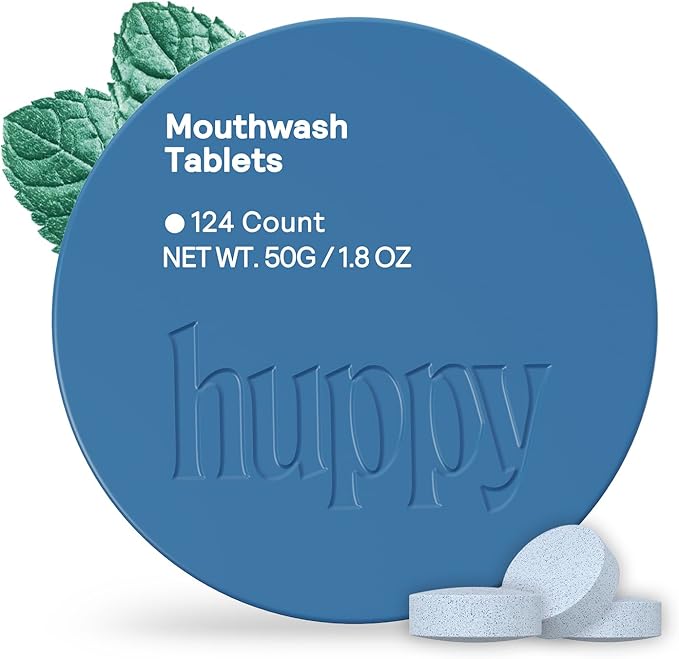 HUPPY Mouthwash Tablets with Nano Hydroxyapatite - Refreshes Breath and Remineralizes Teeth - Hydroxyapatite Tabs Perfect for Travel - Nanohydroxyapatite Mouthwash, 124ct, Cool Mint Flavor