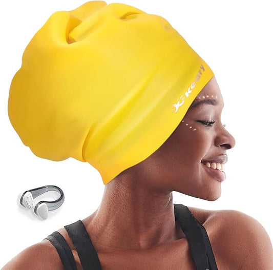 Keary Extra Large Swim Cap for Braids and Dreadlocks Extensions Weaves Long Hair, Waterproof Silicone Cover Ear Bath Pool Shower Swimming Cap for Adult Youth to Keep Hair Dry, Easy to Put On and Off