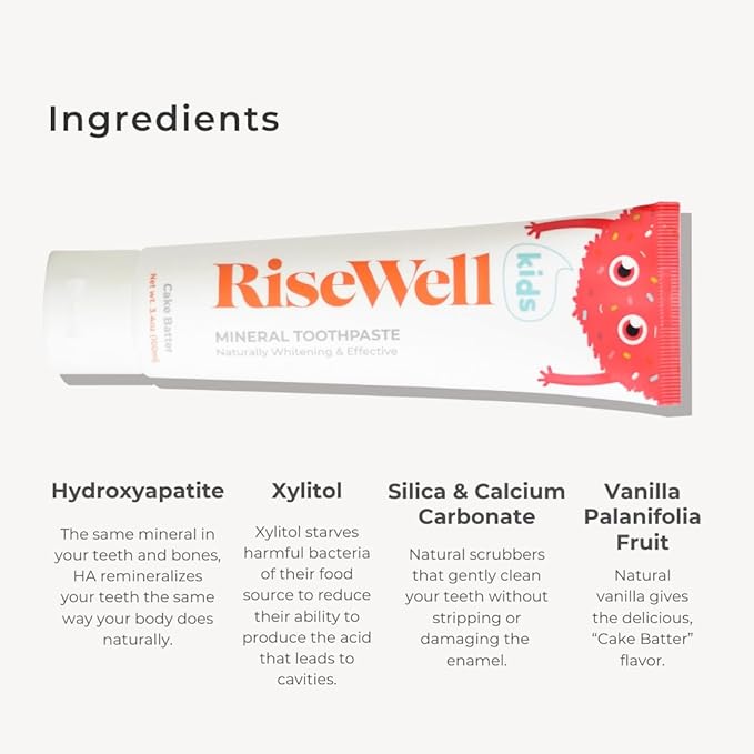 RiseWell Kids Mineral Toothpaste - Kids Hydroxyapatite Toothpaste - Made by Dentists, Safe to Swallow, No Added Fluoride and All Natural - Cake Batter Flavor, 3.4 Oz (Pack of 2)
