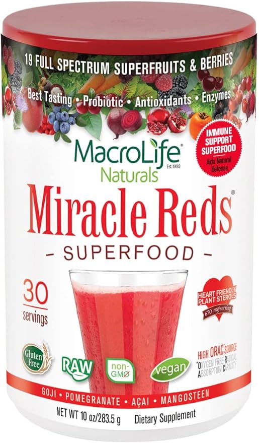MacroLife Naturals Miracle Reds Superfood Supplement Powder Antioxidants Polyphenols Enzymes Probiotics - Raw Non-GMO Organic Vegan Gluten & Dairy Free (30 Servings)