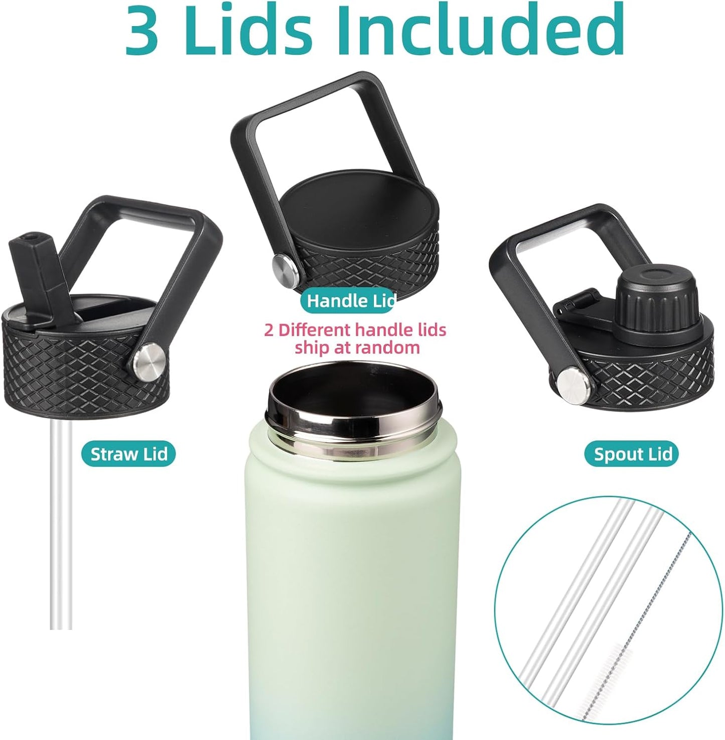 22oz Stainless Steel Bottles with 3 Lids Sport Insulated Water Bottle,Mint