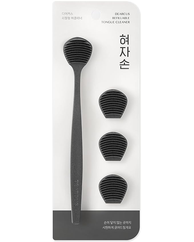 DEARCUS Korean Tongue Scraper with 3 Replaceable Heads - 100% BPA Free TPE Tongue Cleaner - Reduce Bad Breath & Without Hurt - Hygienic Scraper - Modern & Simple Design (Deep Gray)