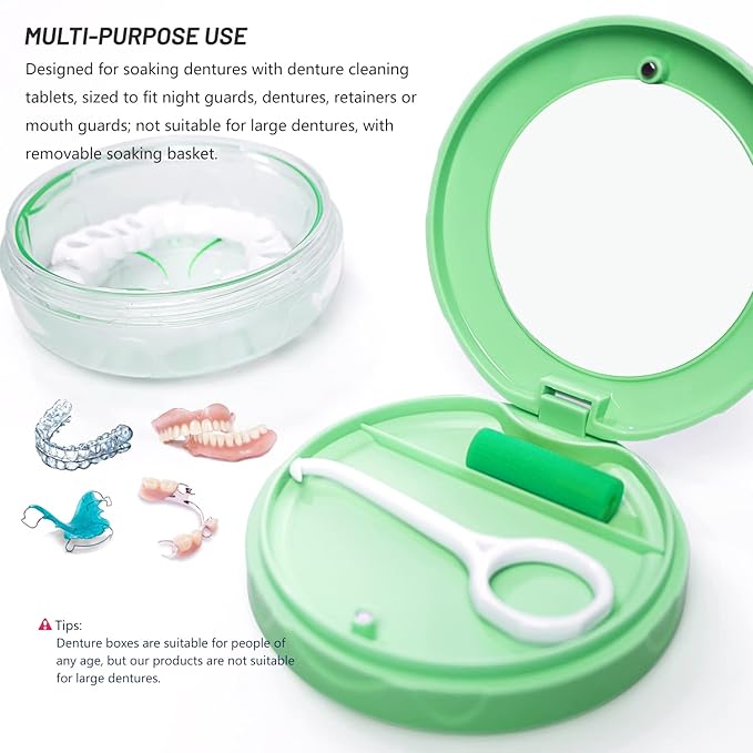 Denture case Retainer Case, Leak Proof Denture Cup, Denture Bath Case, Retainer Cleaning Box for Traveling, Partial Denture Case with Strainer & Mirror (Green)