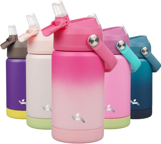 Insulated Water Bottle with Straw Lid,12 oz Stainless Steel Vacuum Metal Bottle with Silicone Handle,Cherry Blossom