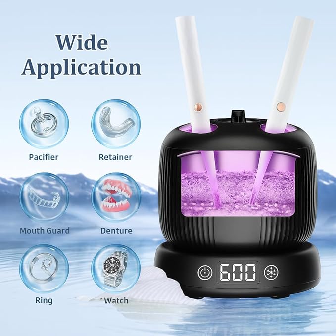50kHz Ultrasonic Retainer Cleaner Machine for Travel & Home, Portable Denture Cleaner with Removable Base, 4 Modes Timer, Dental Cleaning Pod for Aligners, Braces, Mouth Guard, Jewelry, Toothbrush
